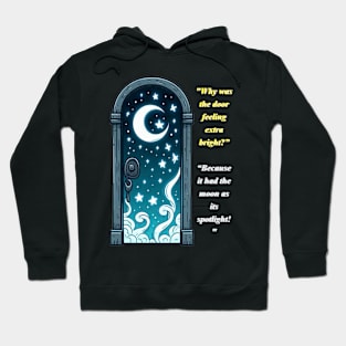 a door, moon bright in background, saying Hoodie